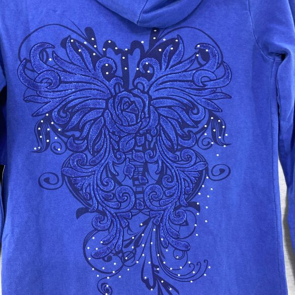 New BCBGMaxAzria Medium Blue Floral Beaded Hooded Y2K Full Zip Long Jacket - Picture 9 of 11